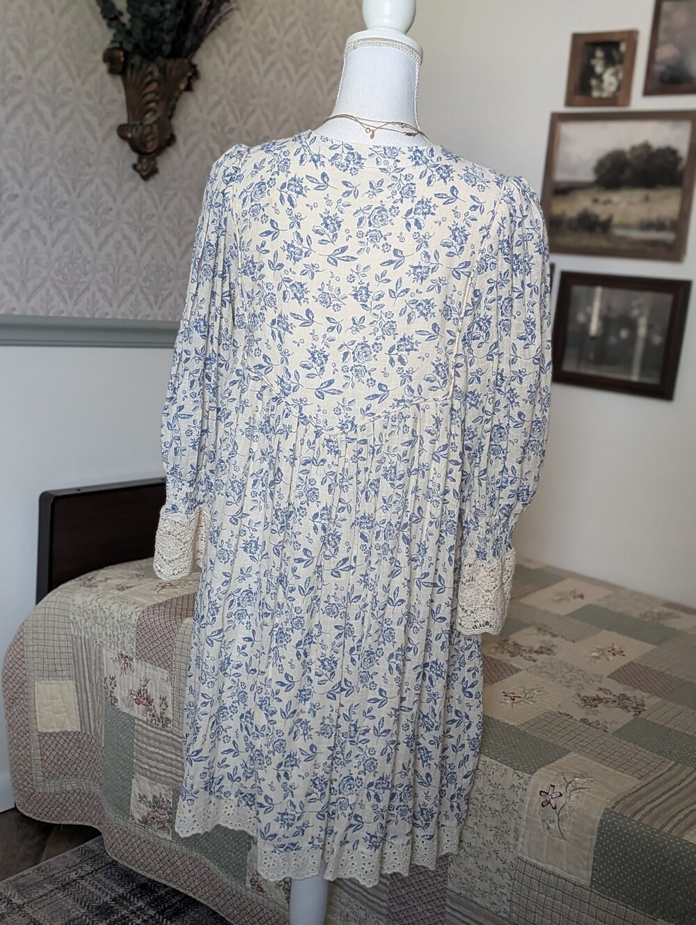 NWT Olivaceous Blue Floral Cotton Cottagecore Lace Midi Dress L - Picture 2 of 9